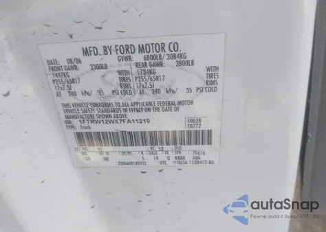 2007 Ford F-150 Xlt из США, поврежденный, VIN 1FTRW12WX7FA11219